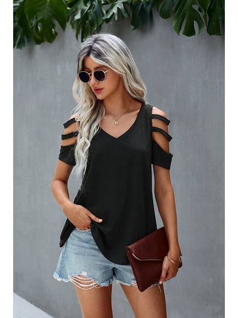 Supreme Fashion - Wholesale Blouse - Women's - Short Sleeve Cutout Cold Shoulder Top2