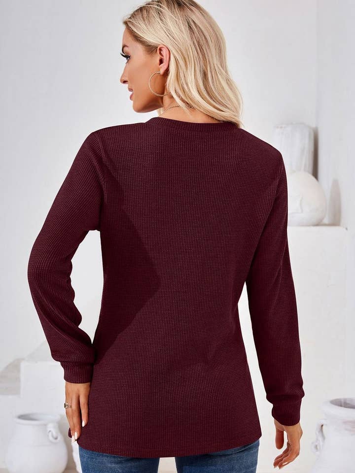 NINEXIS - Wholesale Blouse - Women's - CWTBLL01312_V NECK BUTTON SOLID LONG SLEEVE LOOSE TEE14