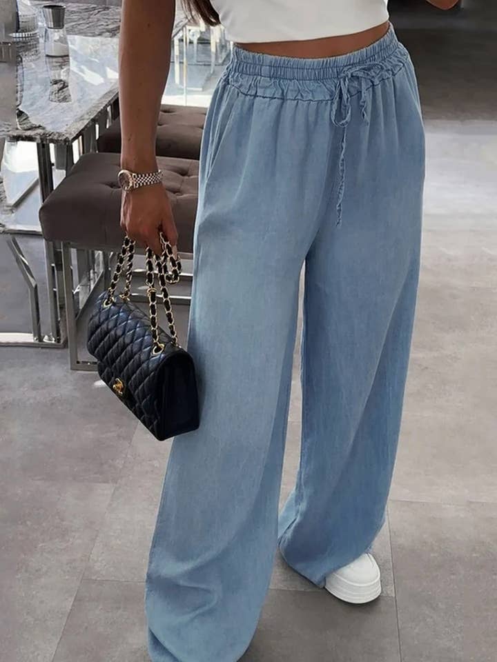 Indigo Zarina Wide Leg Pocket Detail Trousers-Indigo for wholesale on Faire