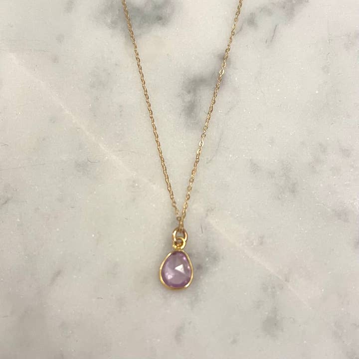 Solid 14k Gold Bezel-set Pink Sapphire Pendant Necklace for wholesale by TASI Designs