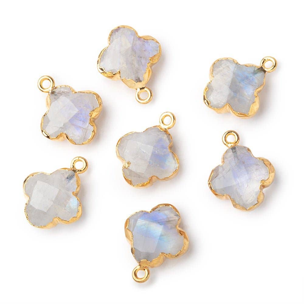 Beads of Cambay - Wholesale Individual Charm/Pendant - 16mm Gold Leafed Rainbow Moonstone Quatrefoil Pendant 1 focal piece1