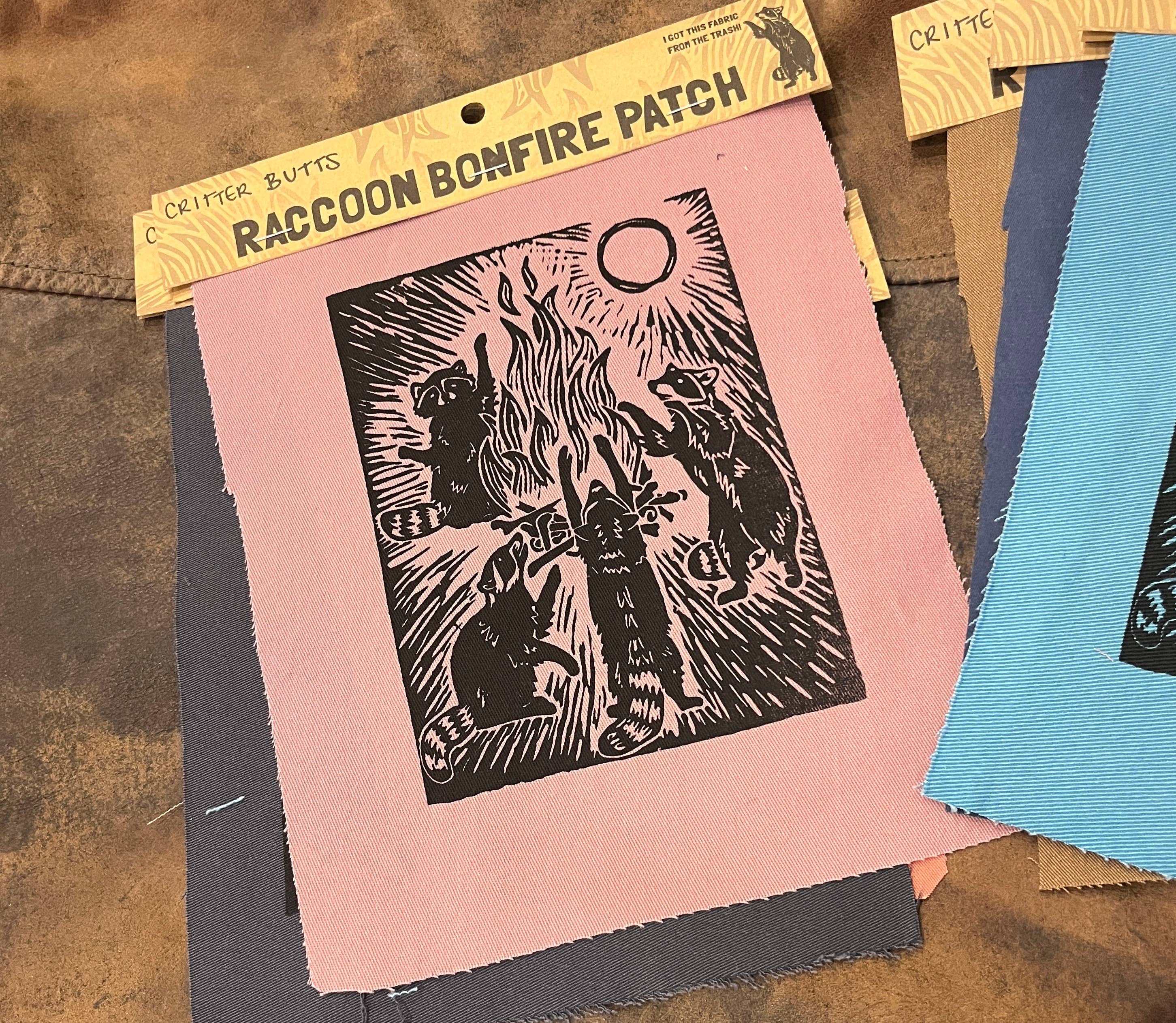 Critter Butts - Wholesale Patch - Raccoon Bonfire Patch - Screen print on thrifted denim4