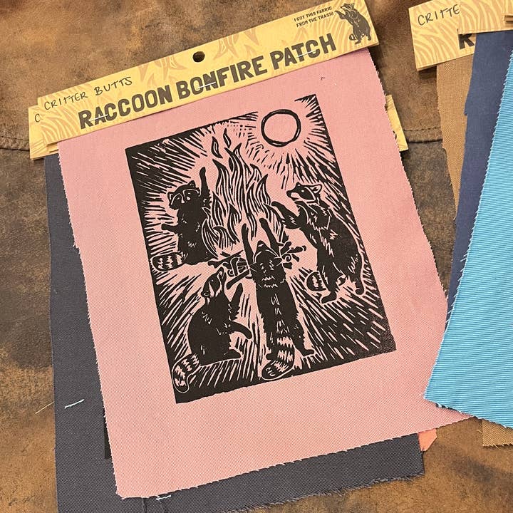 Critter Butts - Wholesale Patch - Raccoon Bonfire Patch - Screen print on thrifted denim4