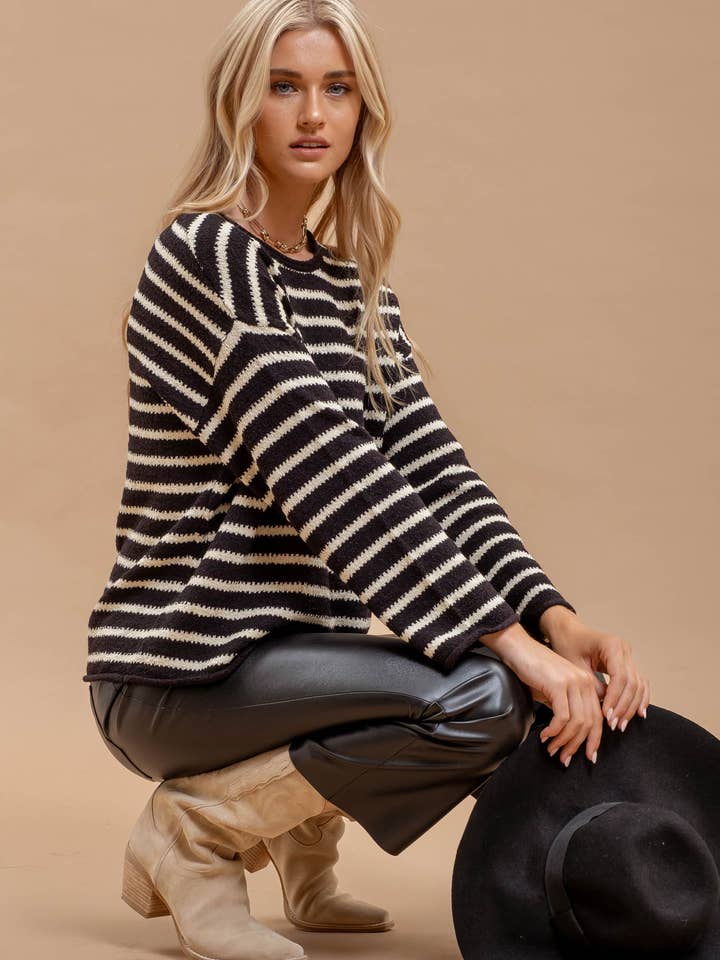 Blu Pepper - Wholesale Knit Sweater - Women's - STRIPE BOAT NECK DROP SHOULDER KNIT SWEATER