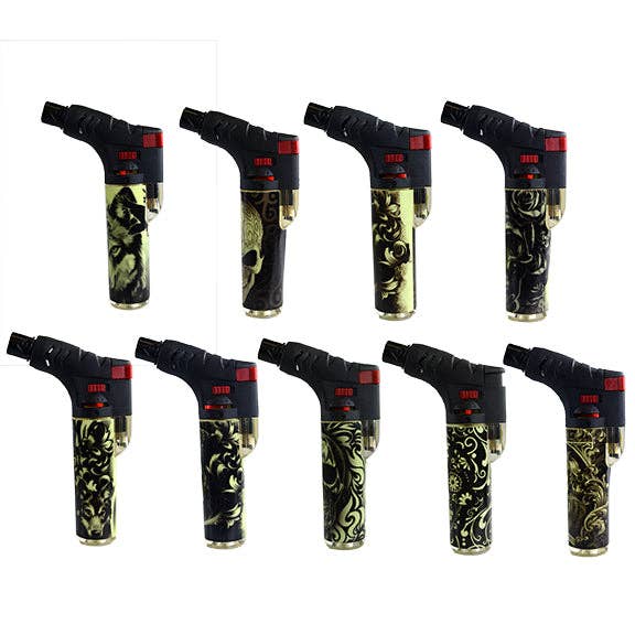 Novelty Closeout - Wholesale Lighter - Glow In The Dark Thin Print Torch Lighter Assortment- 18/Pk0
