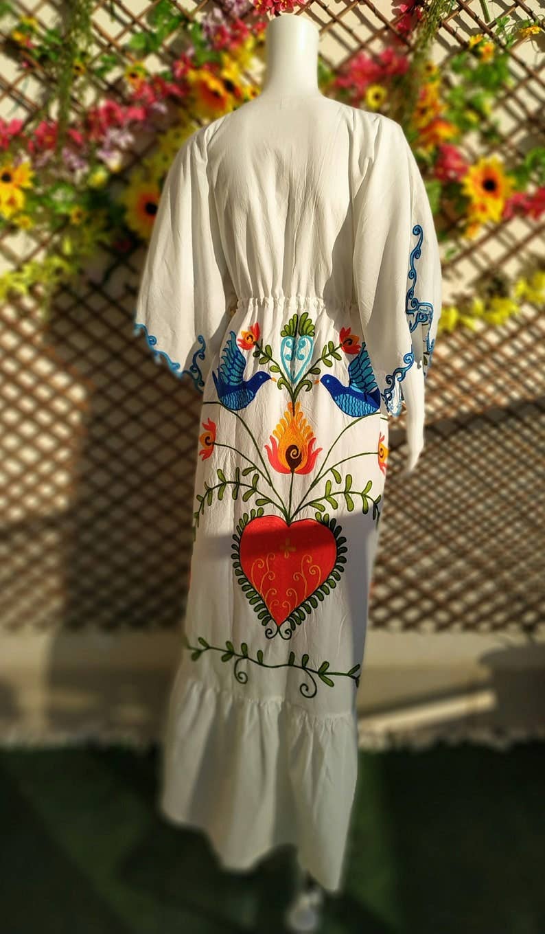 TABITHA - Vente Robe – femme - Robe cœur style bohème en coton avec broderie mexicaine4