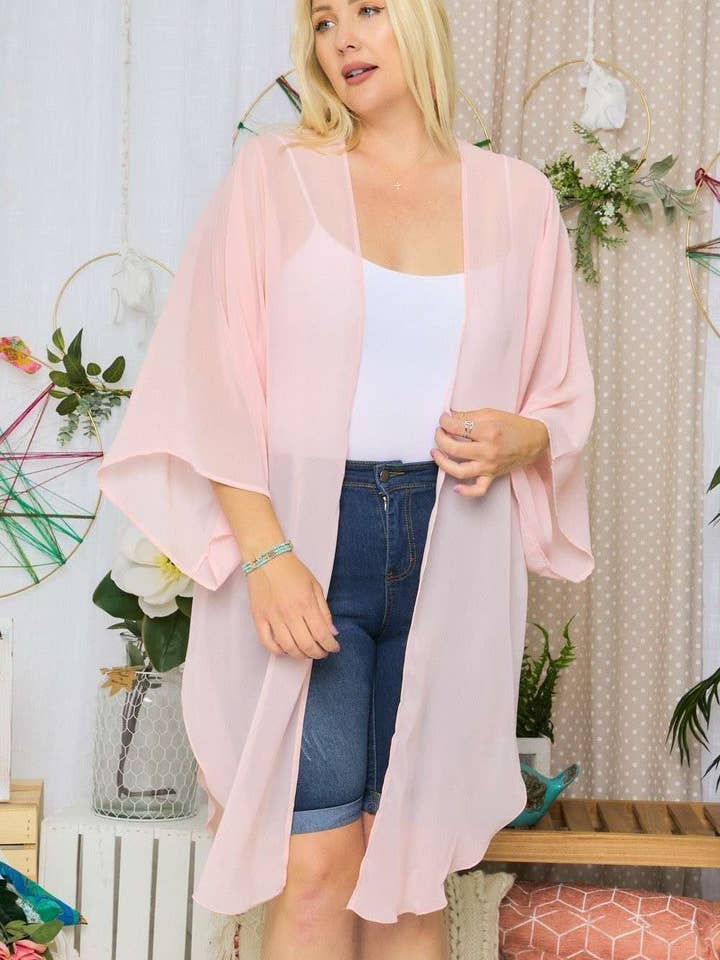 Madelyn - Wholesale Kimono - Women's - LYJ13385X - PLUS SIZE SOLID CHIFFON KIMONO