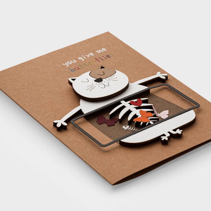 3D Wooden Love Card – Cat Butterfly Greeting by PESKOVOI for wholesale by PESKOVOI