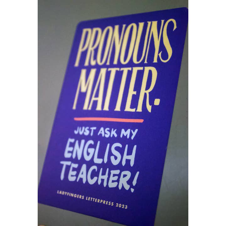Ladyfingers Letterpress - Wholesale Sticker - Pronouns Matter, Ask My English Teacher Sticker