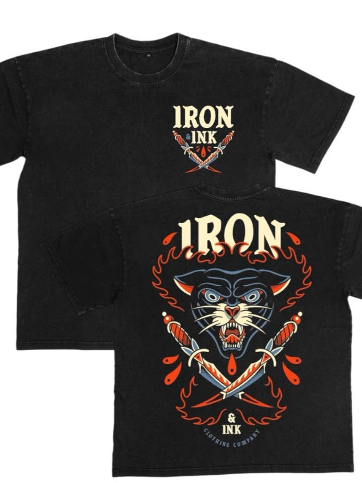 Early access "panther sword" shirt-acid wash black oversized for wholesale by Iron And Ink Clothing Co