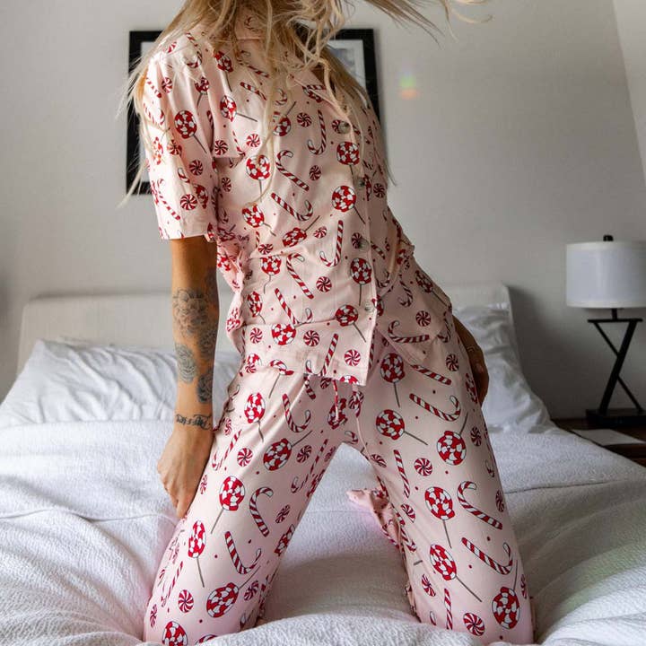 Light Pink Candy Cane Lollipop Loungewear Set for wholesale on Faire