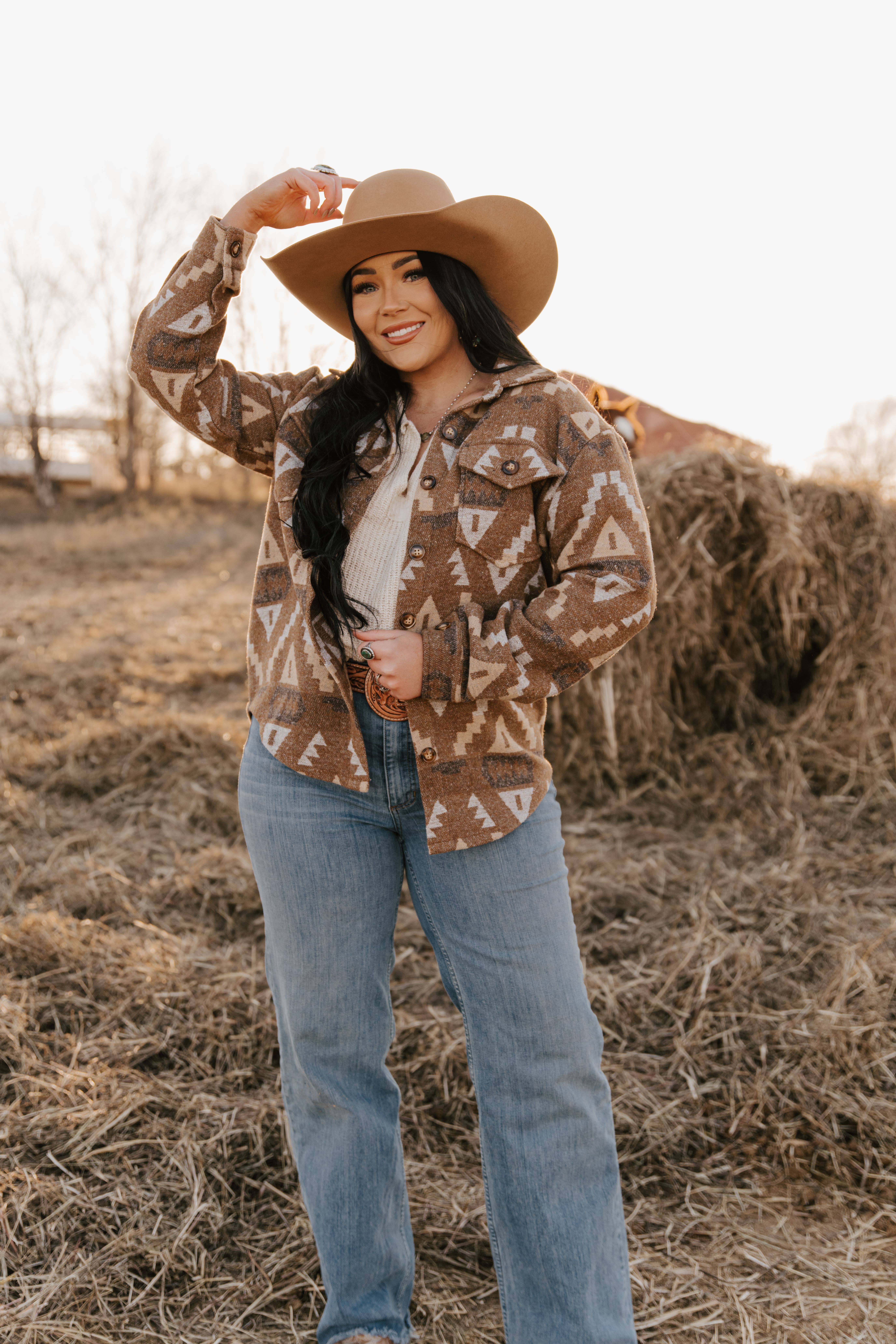 AZTEC BRUN Dame Aztec Skjortejakke med Vestlige Flap Brystlommer for engroshandel på Faire1