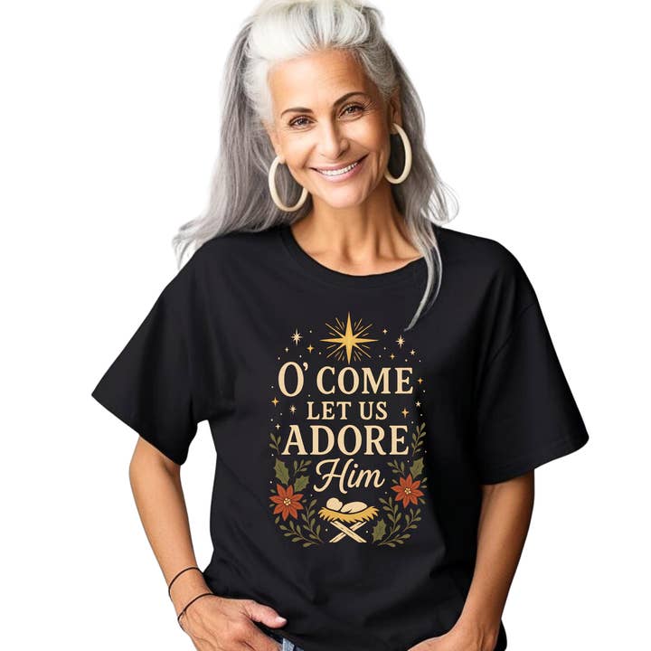 Camiseta de Navidad "Venid y Adorémosle" para venta al por mayor de Love Ann Joy Apparel, LLC