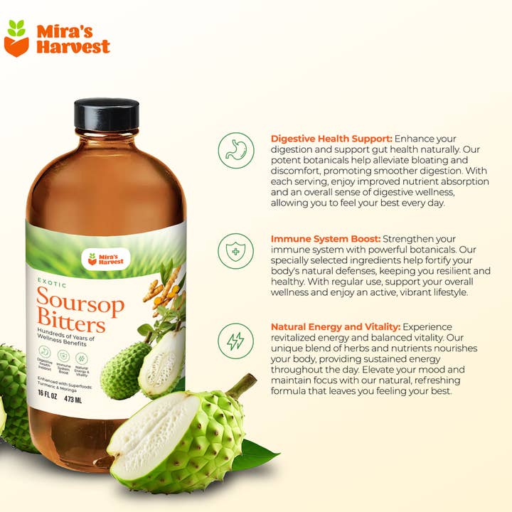 Rising Sun Distributors - Wholesale Bitters - Mira’s Harvest Soursop Bitters Premium Wellness
16oz1