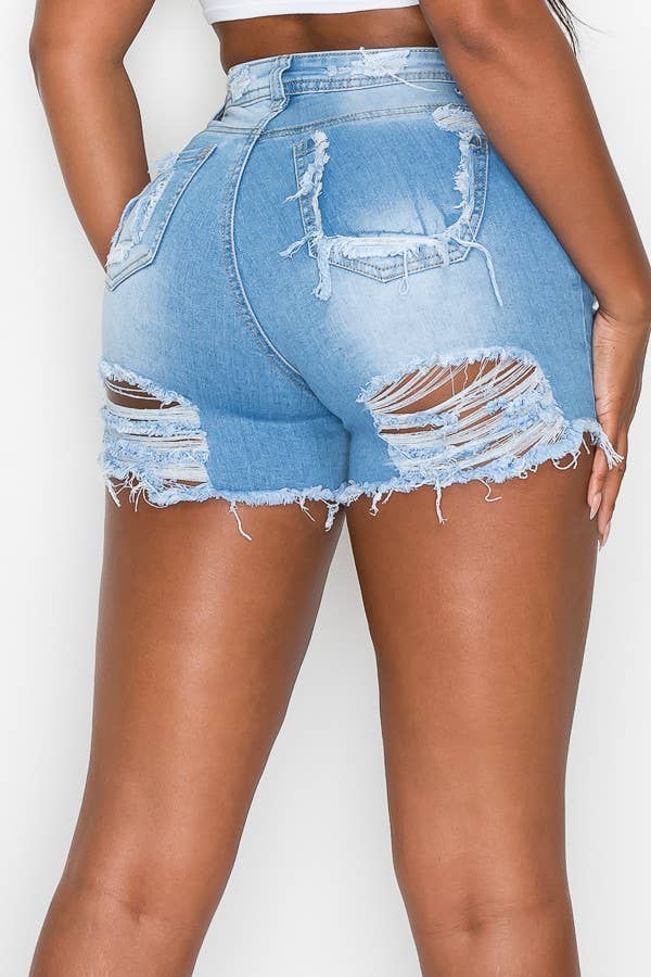 MID BLUE S-2104 HIGH RISE SEXY DISTRESSED WOMEN DENIM SHORTS for wholesale on Faire