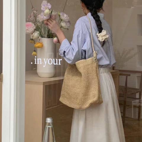 Pretty Persuasions - Wholesale Tote Bag - Women's - P25048 Faux Leather Strap Straw Tote Shoulder Bag