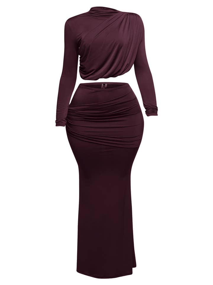 Shirring detailed long sleeve top & long skirt for wholesale by K Too