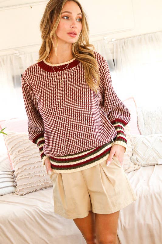 Vine & Love - Vendita all'ingrosso Maglione tricot - Donna - Maglione lavorato a maglia con dettagli a costine a contrasto a girocollo VT811265