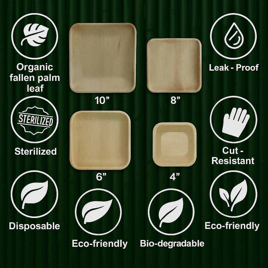 Rita Global Traders – Engroshandel Engangstallerken – 10 firkantede palmeblad engangs bambus tallerkener til thanksgiving8