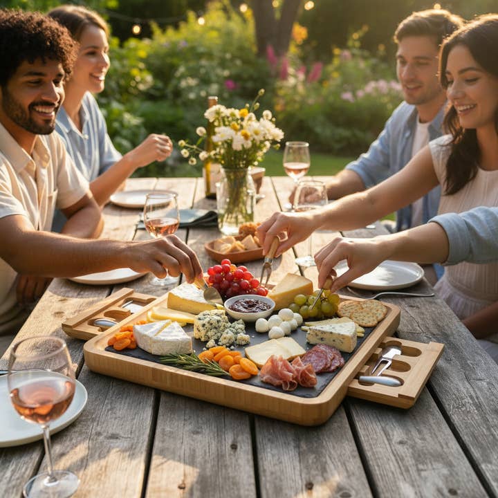 Kadra Kitchenware – wholesale Cheese board – Bamboo Charcuterie Board with Cheese Tools & Platter2