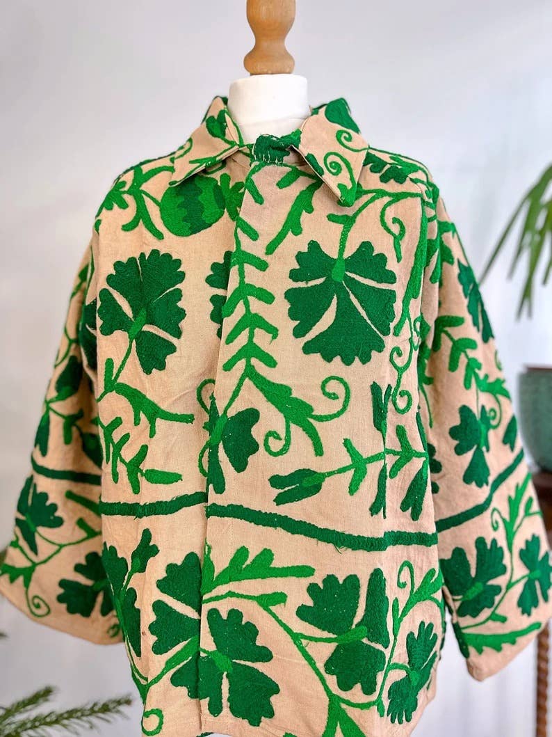 Essential Designs London – wholesale Jacket – Women's – Suzani Hand Embroidered Unisex Bolero Short Jacket Spring Boho Gypsy Kashmir Crewel Special Love Gift | Quirky Cafe Beige Green Floral Leaf6