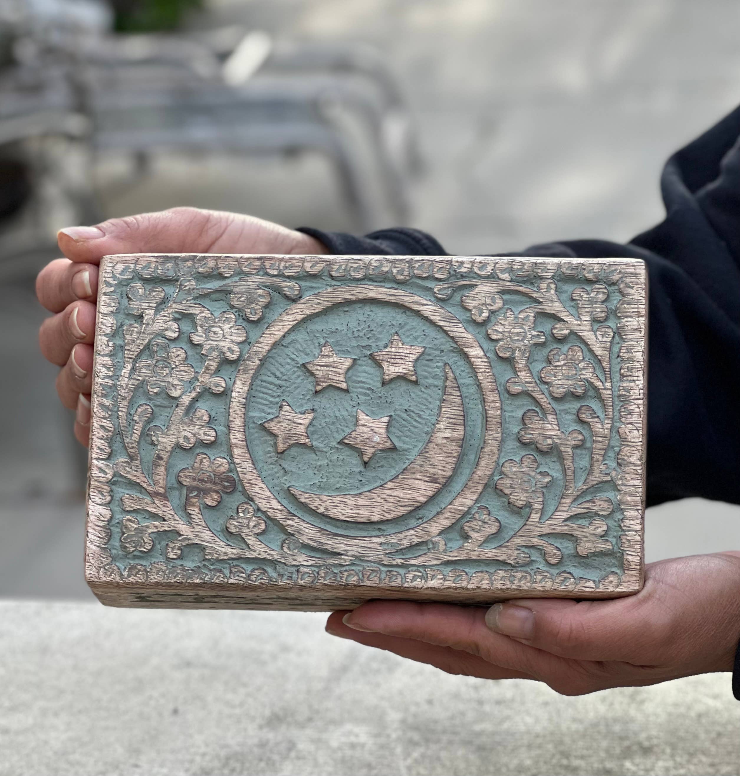 Lungta Imports - Wholesale Decorative Box - Celestial Moon and Stars Hand Carved Wooden Box Storage9