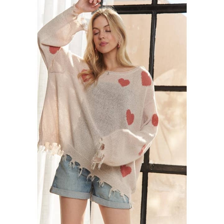 Blue Bunny Inc - Wholesale Knit Sweater - Women's - BOAT NECK LONG SLEEVE FRAYED TRIM HEART SWEATER