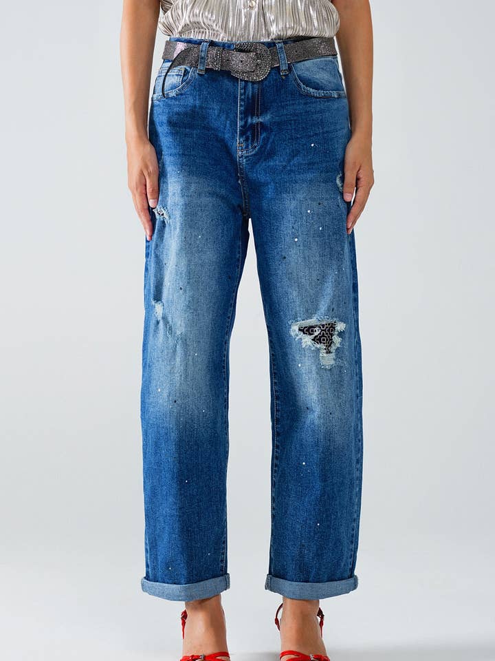 Straight Distressed Jeans With Paint Stains Details for wholesale by Q2—All Orders:Free Duties for the US,UK,and Canada