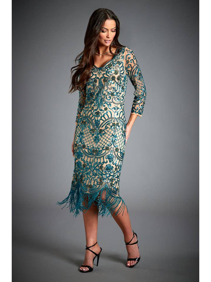 Jywal London® - Wholesale Dress - Women's - Beatrice V Neck Blue Embellished Fringe Flapper Dress