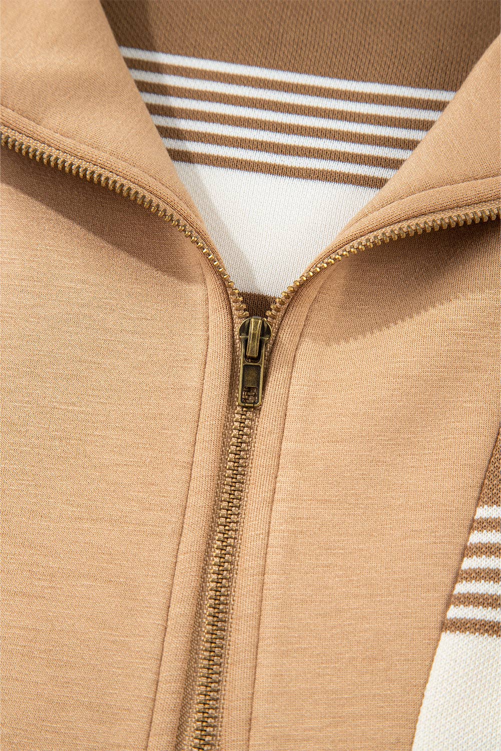 Khaki Stripe Zip Collar Patchwork Vintage Fashion Sweatshirt for wholesale on Faire3