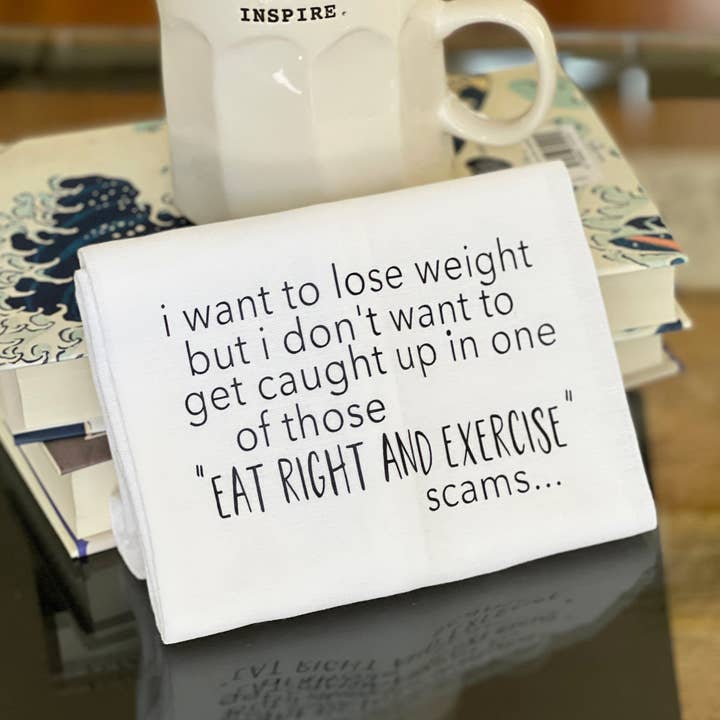 Eat right and exercise - humorous bar kitchen towel SM for wholesale by Pretty Clever Words