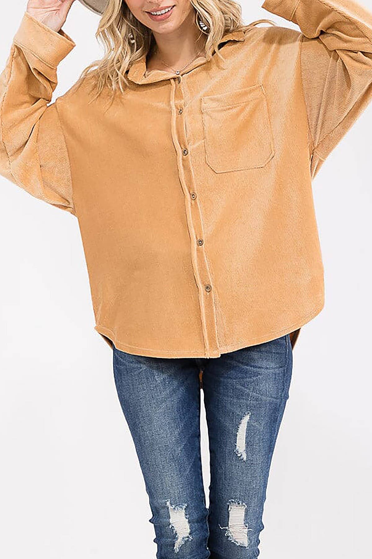 ROUSSEAU - Wholesale Button Down Shirt - Women's - OVERSIZED CORDUROY BUTTON DOWN POCKET FRONT TOP21