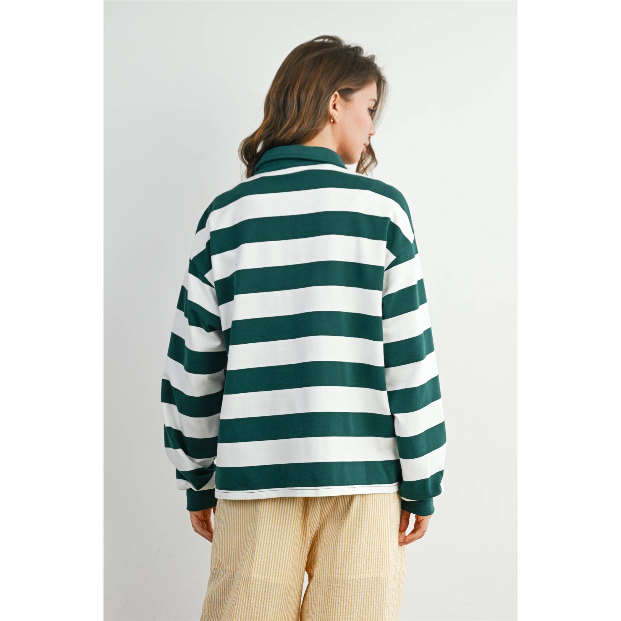BUTTERMELON - Wholesale Sweatshirt - Women's - Striped Quarter-Buttoned Collared Sweatshirt - BMT807914
