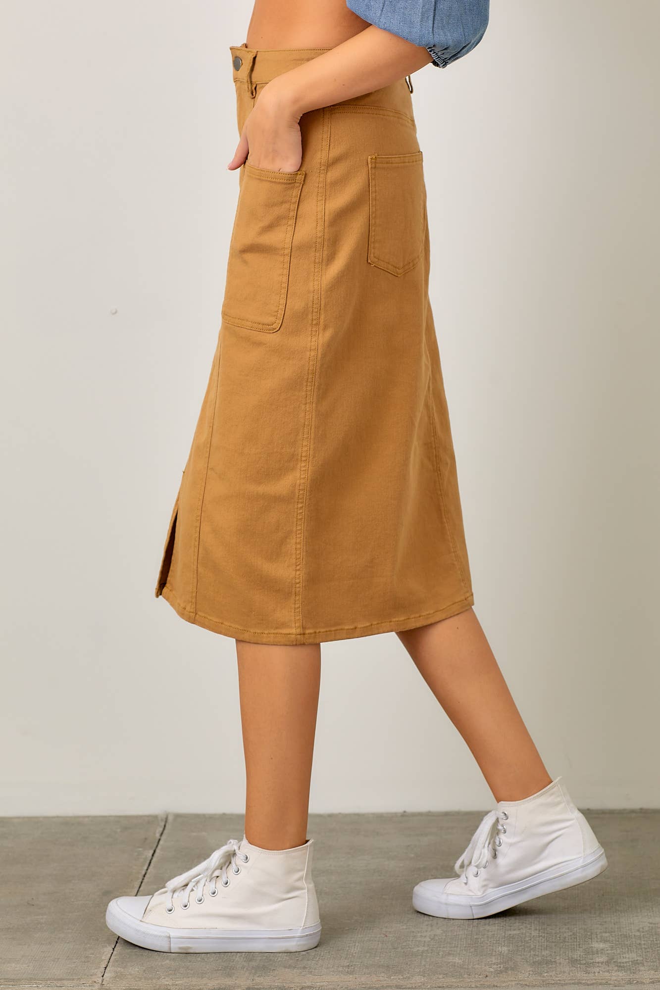 Polagram by Wellmade USA - Wholesale Skirt - Women's - DENIM MAXI SKIRT WITH BACK SLIT DETAIL3