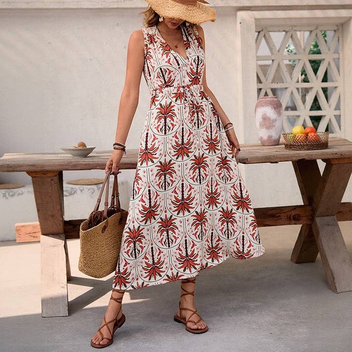 FIRE BRICK Sleeveless V-Neck High Waist A-Line Floral Print Dress for wholesale on Faire