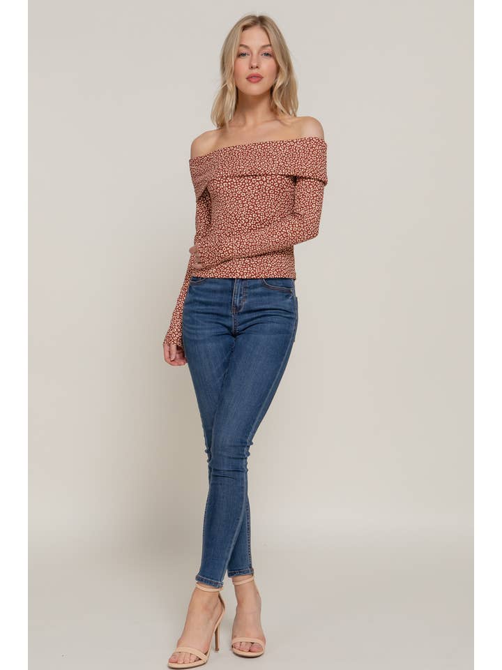 RST rust taupe Long Sleeve Off The Shoulder Leopard Printed Rib Knit Top for wholesale on Faire