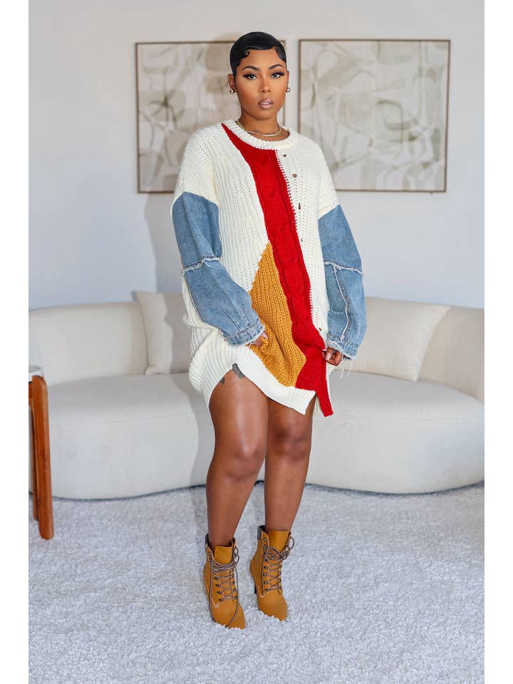 5besties inc - Wholesale Dress - Women's - COLOR BLOCK SWEATER PULLOVER DRESS