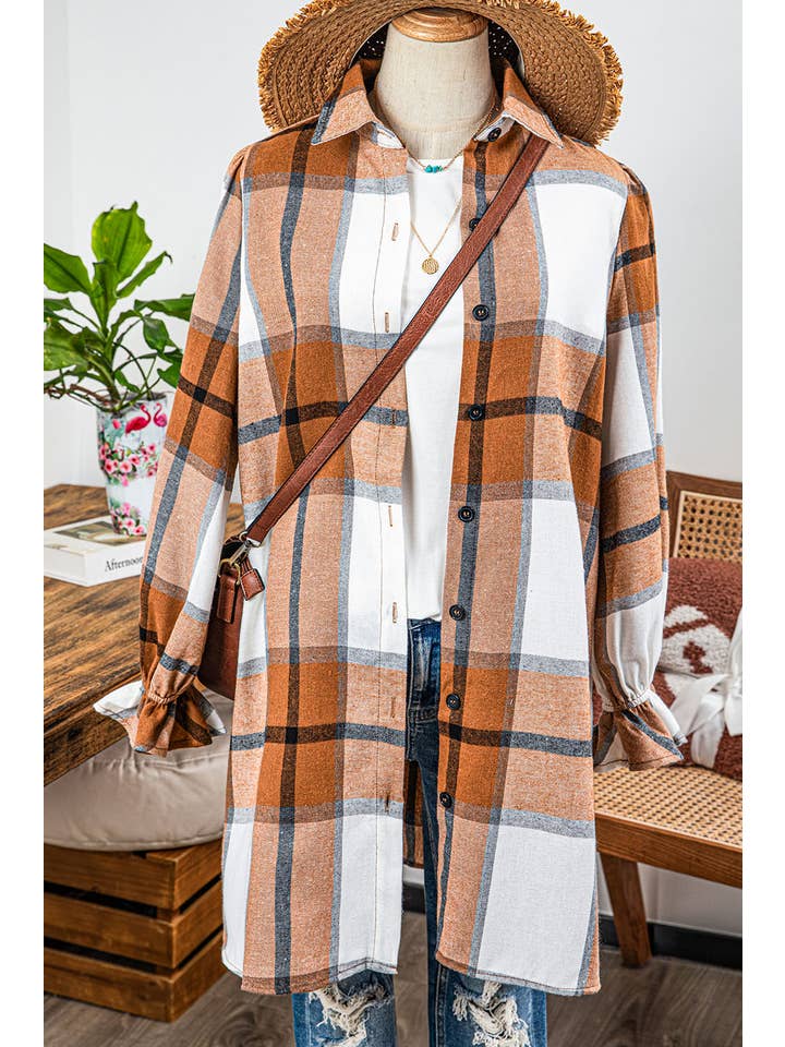 AS SHOWN Fashion-W Plaid Collared Neck Ruffled Sleeve Shirt Dress for wholesale on Faire