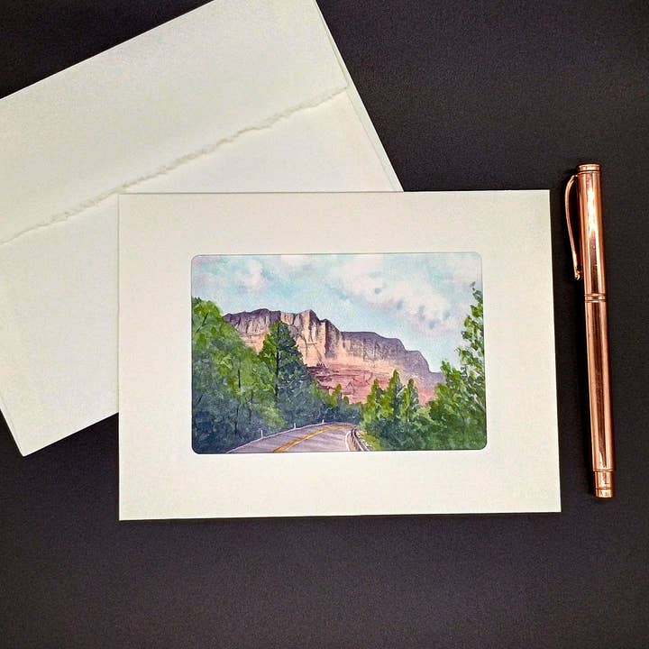 Kathryn Paul Fine Art - Wholesale Everyday Greeting Card - Arizona watercolor; Sedona mountains and trees blank card1