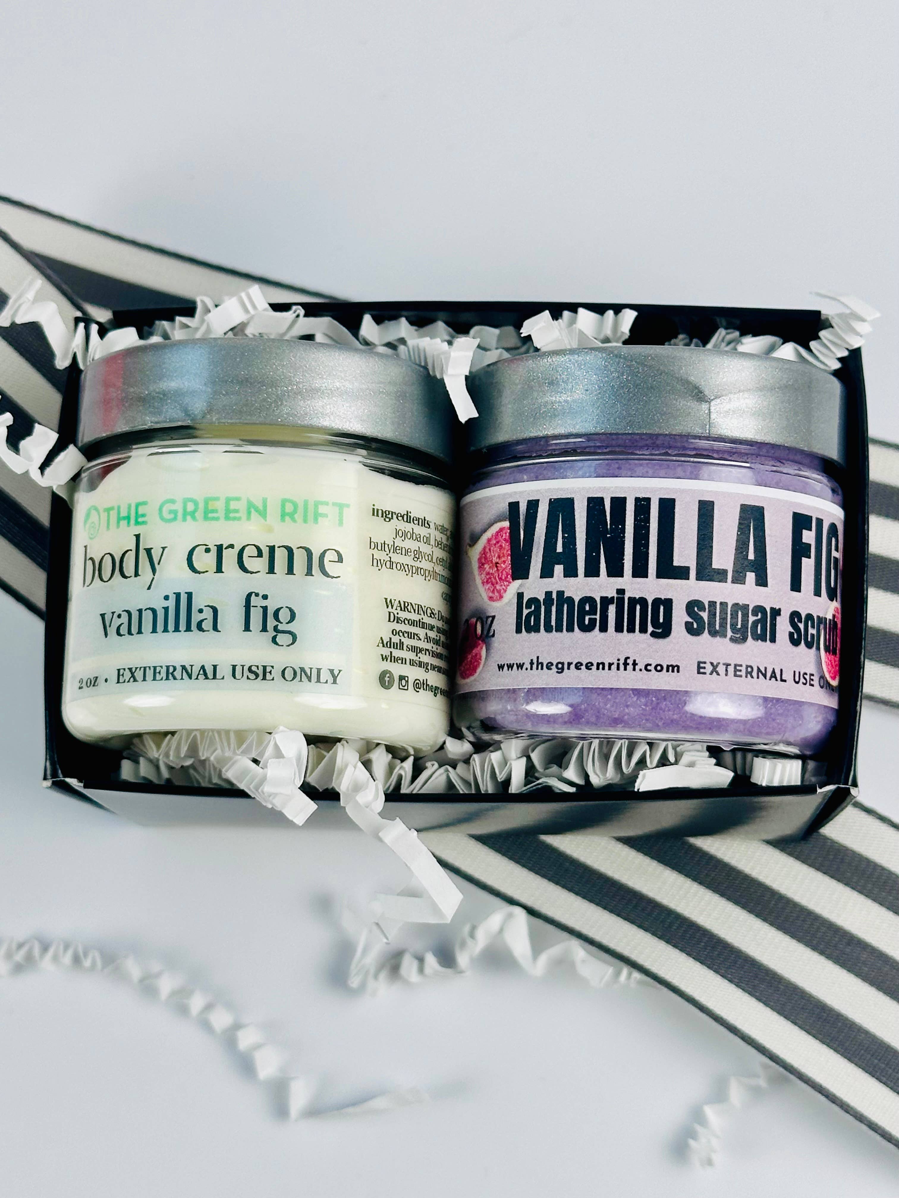 The Green Rift - Vente Gommage/exfoliant pour le corps - Mini ensemble spa à la crème pour le corps à la vanille et à la figue et au sucre, de saison1