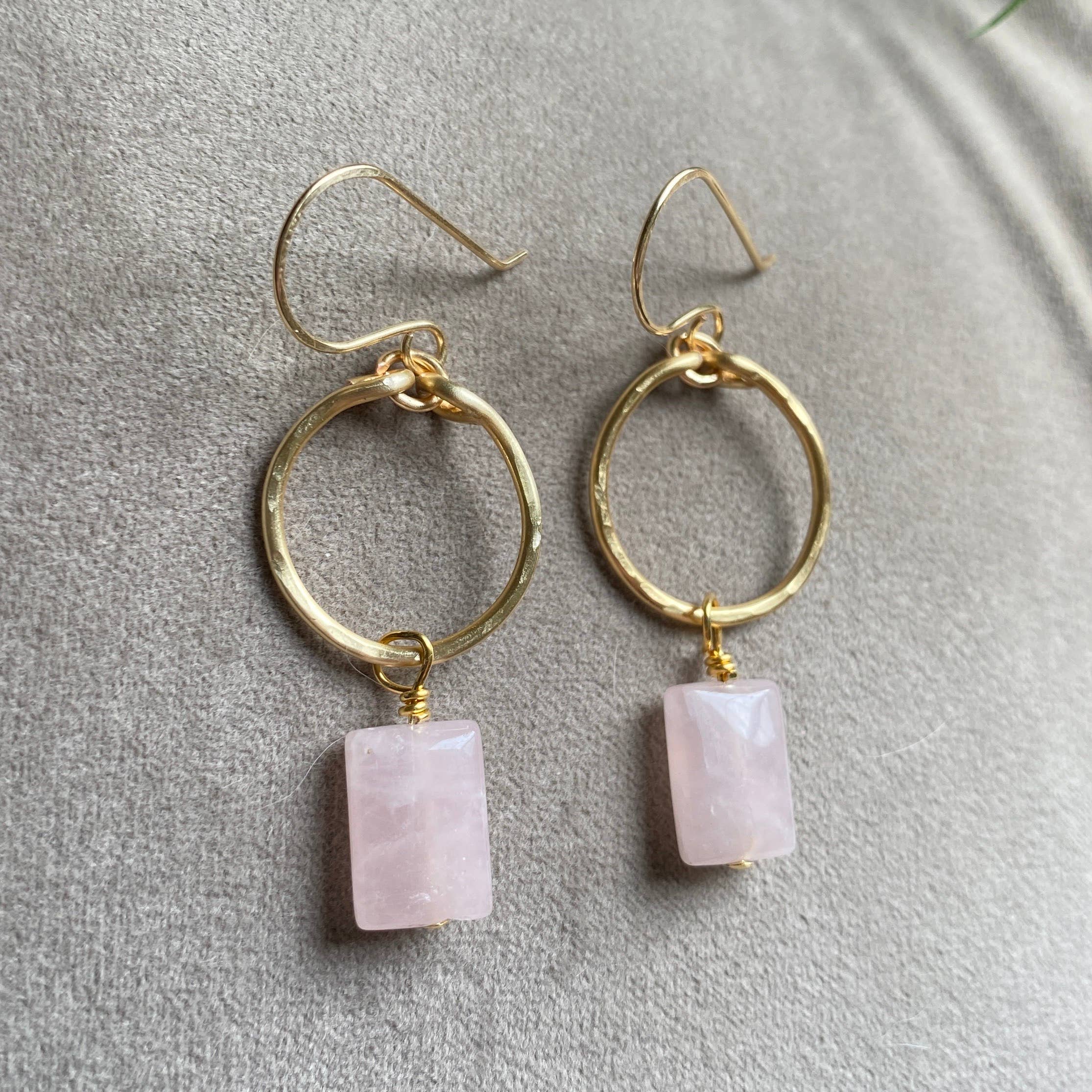 Marble Designs Jewelry - Wholesale Dangle Earrings - Gold Hoop Earrings Hammered Rose Quartz rectangle Drop4
