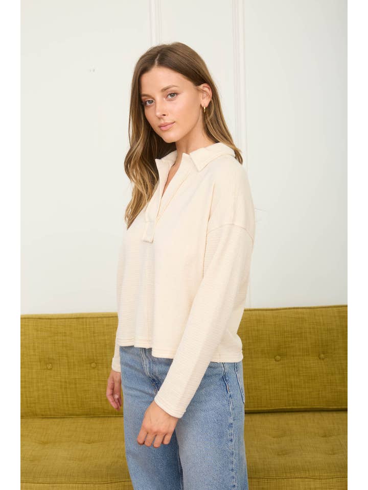 J.O.A - Wholesale Knit Top - Women's - EXPOSED SEAM LONG SLEEVE TEXTURED KNIT POLO27