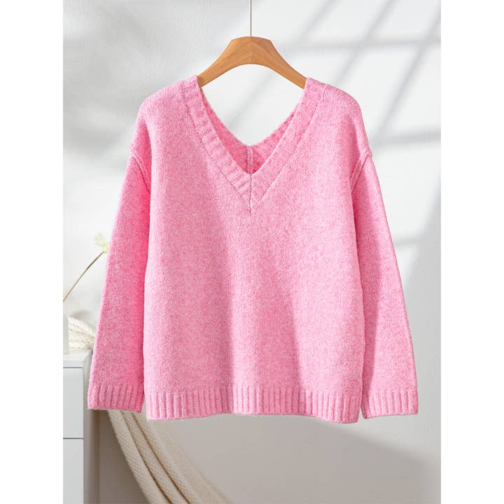 Pink Solid V-Neck Pullover Off-Shoulder Knit Top MMY306 for wholesale on Faire5