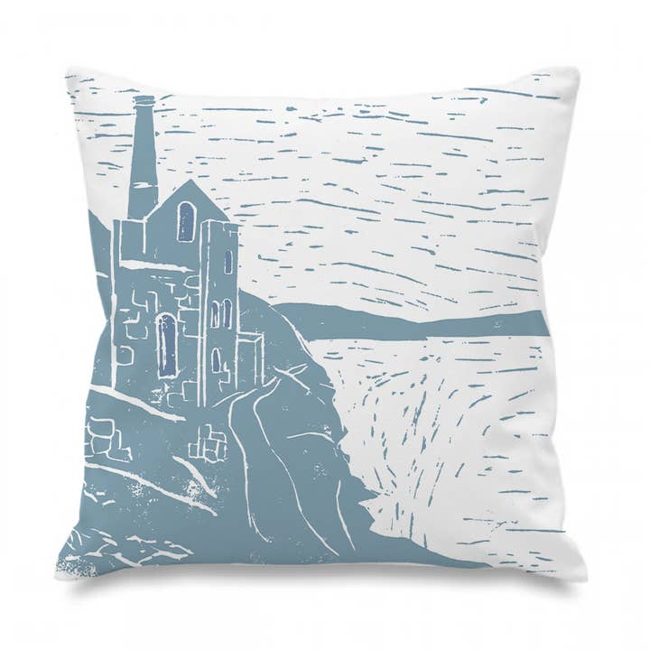 Cornish Tin Mine Lino Print Cushion for wholesale by Holly Woodman Textiles