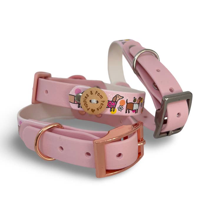 Puppies & Pom Poms - Wholesale Pet Collar - Dog - Bee Happy Dachshunds - Handmade Biothane Dog Collar - Baby Pink2