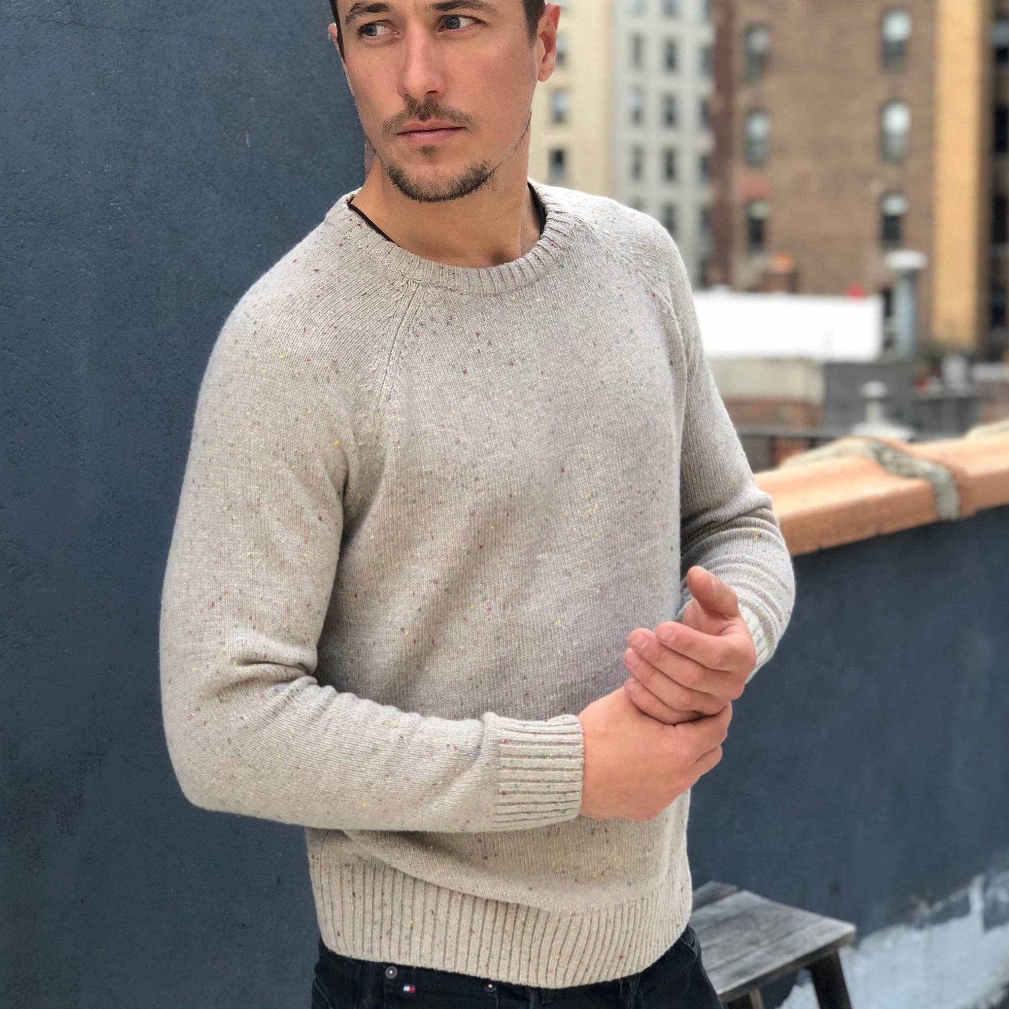 DIBI - Wholesale Knit Sweater - Men's - Oatmeal Donegal Crewneck Sweater1