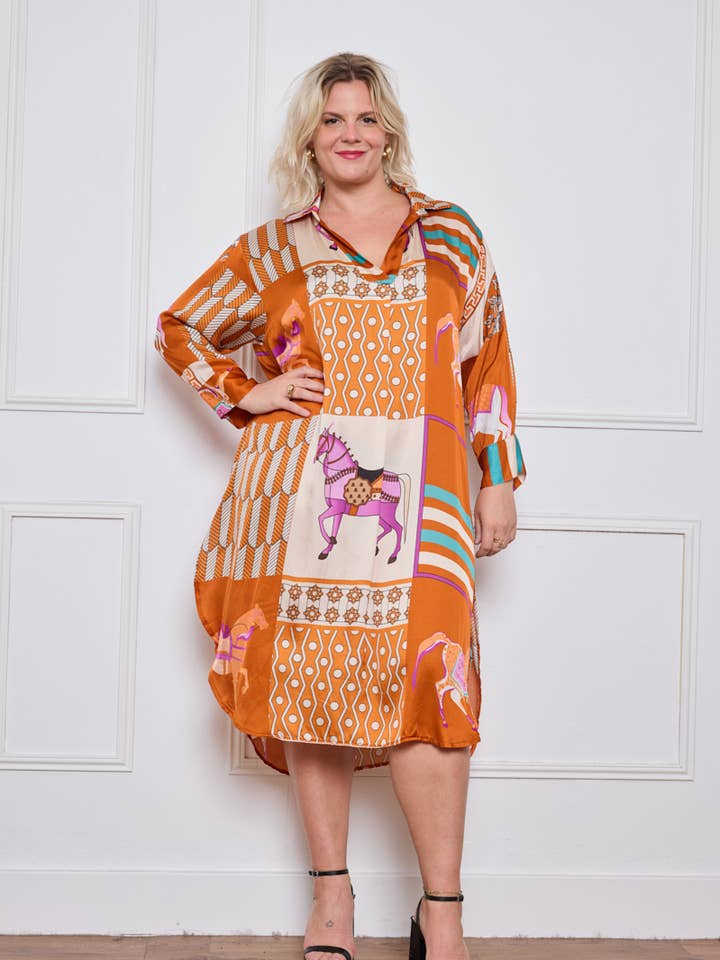 Plus Size - Flowing Dress with Equestrian Patterns - 9023 -10 for wholesale by C'MELODIE