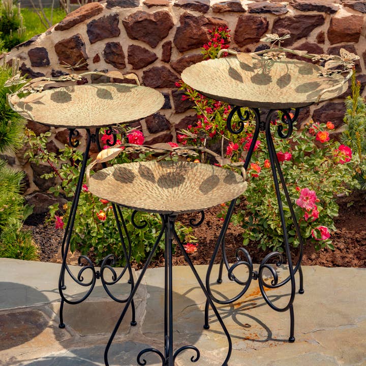 Frosted Gold Iron Birdbaths with Butterflies- 3PC/Set for wholesale by Zaer Ltd. International
