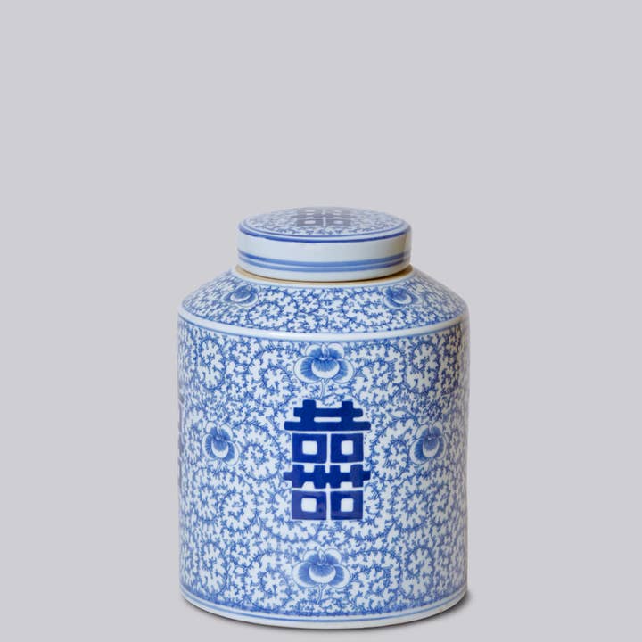 Boîte en porcelaine bleue et blanche Double Happiness pour la vente par Cobalt Guild