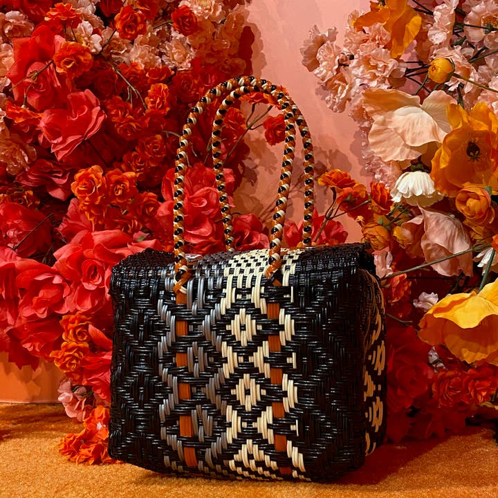 The Faria - Wholesale Beach Bag - Black & Orange Handwoven recycled plastic beach Bags